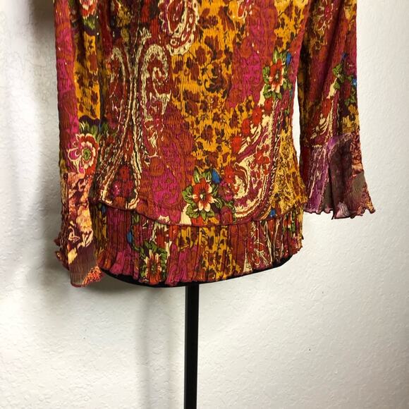 Alberto Makali red gold mixed floral print sequin crinkle top size Large - Picture 13 of 16